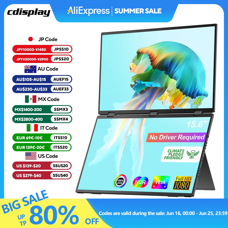 Cdisplay 15.6" Dual Portable Monitor 1080P FHD Laptop Screen Extender Folding Stacked Dual Monitors for Laptop PC Windows Mac