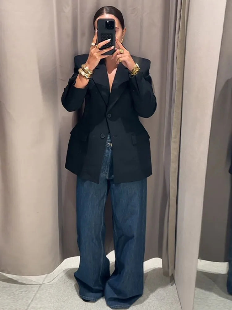 Elegant Black Women's Blazer Coat Slim Single Breasted Long Sleeve Lapel Female Coats 2025 Spring Fashion Simple Lady Outwear