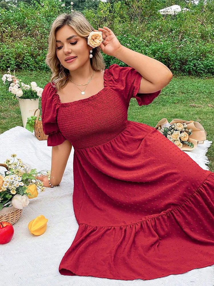 Plus Size Women's Pure Color Wrap Ruffle Hem Midi Dress Square Neck Backless Short Sleeve Dress Elegant temperament