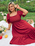Plus Size Women's Pure Color Wrap Ruffle Hem Midi Dress Square Neck Backless Short Sleeve Dress Elegant temperament