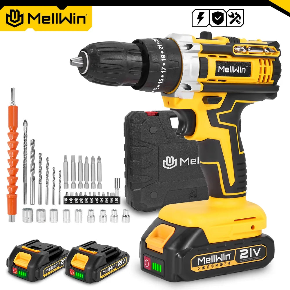 MELLWIN 25+3 Torque Electric Impact Drill 2 Gear Speed Adjustable Cordless Electric Screwdriver Power Tool For 21V-18V Battery