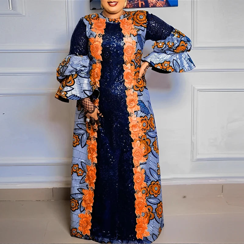 Plus Size VONDA Bohemian Women Flared Long Sleeve Maxi Dress Casual Vestidos Round Neck Loose Print Sundress Ruffles Long Robes