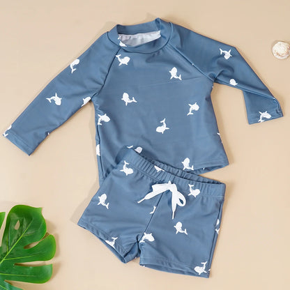 Summer Baby-Boys Toddler Long Sleeved Rashguard Swim Bathing Suit Set Long Sleeve Round Collar Sunscreen Swimsuit