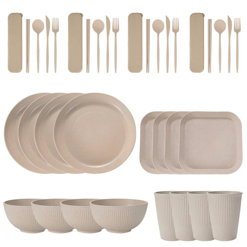 36pcs Plate Sets Wheat Straw Eco-Friendly Ramen Bowl Tableware Dinner Dishes Set Camping Tableware Set With Knife Fork Spoon