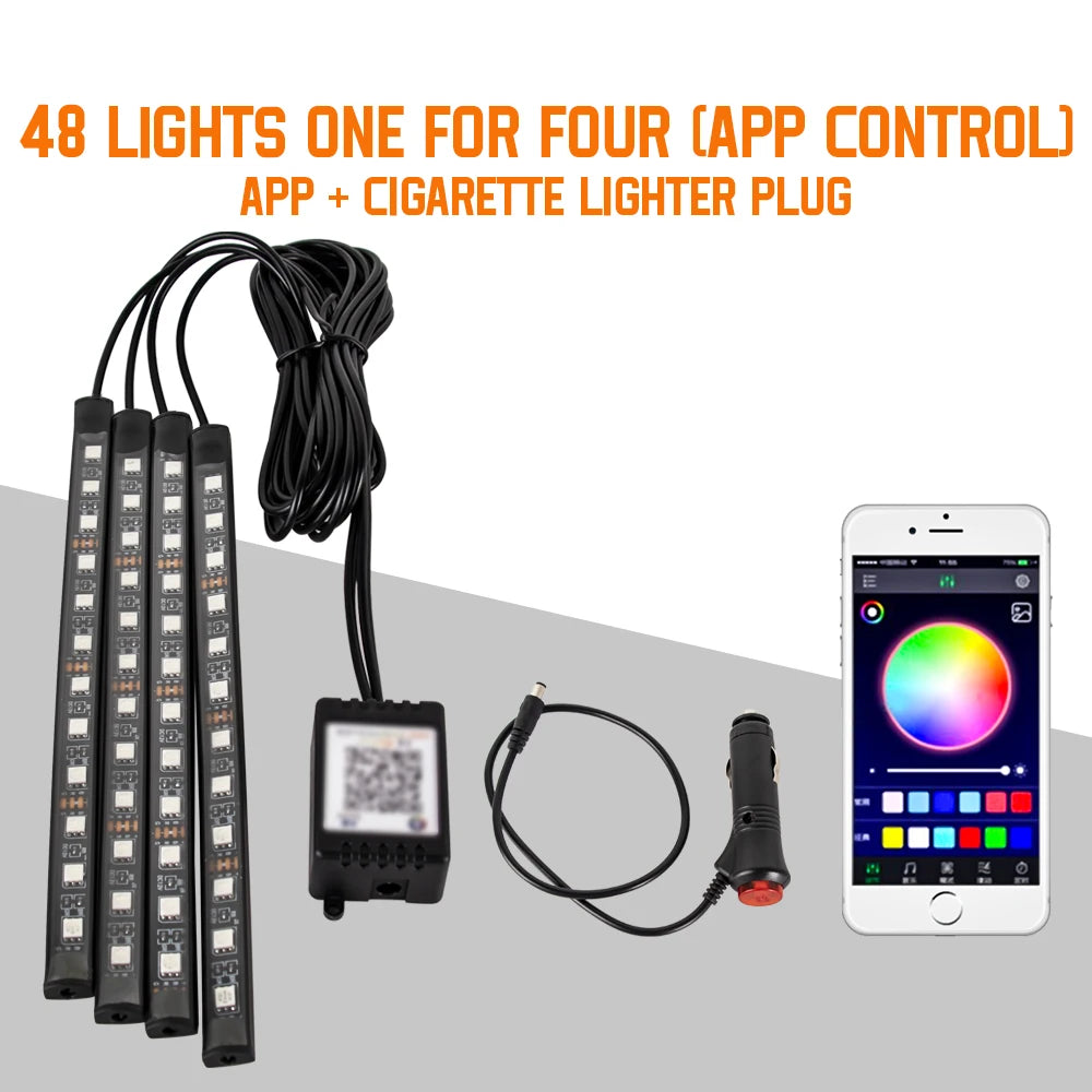 Neon 36 48 72 LED Car Interior Ambient Foot Light with USB Wireless Remote Music APP Control Auto RGB Atmosphere Decorative Lamp