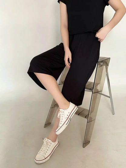 Modal Plus Size Capri Pants Women's Summer Loose Fit Wide Leg Elastic Waist Casual Lounge Shorts