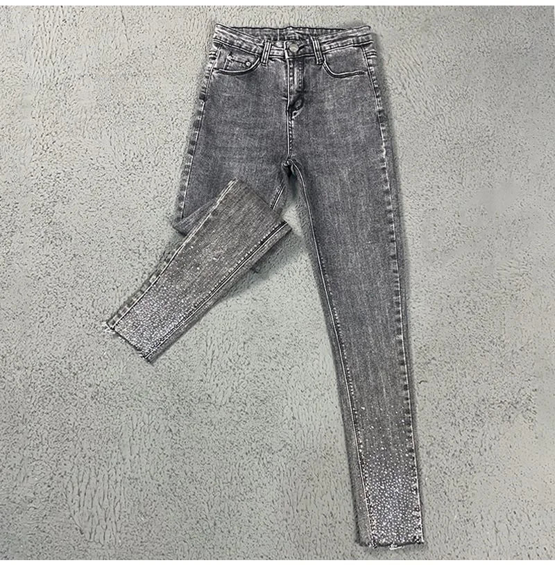 Spring Summer 2024 New Fashion Harem Denim Pants Female Rhinestones Korean Version High Waist Slim Elastic Jeans Pencil Pants