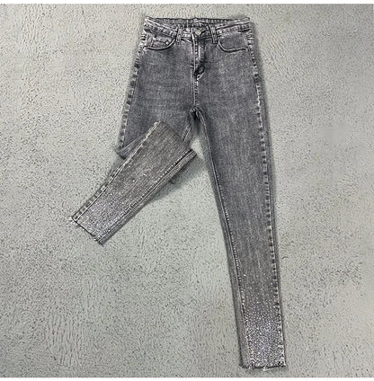 Spring Summer 2024 New Fashion Harem Denim Pants Female Rhinestones Korean Version High Waist Slim Elastic Jeans Pencil Pants