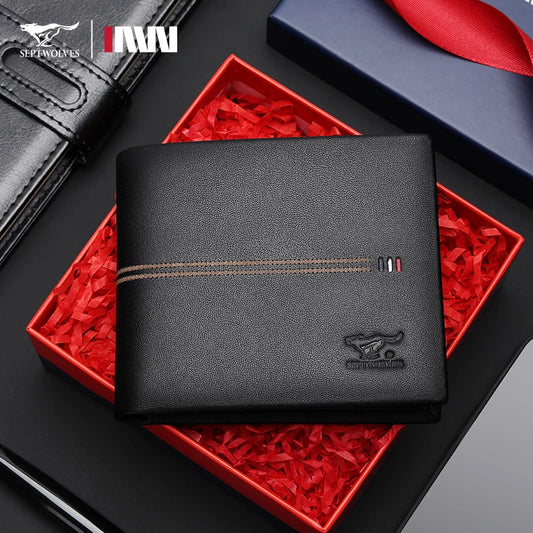 Septwolves Genuine Leather Wallets For Men Original Leather Wallet Man Cowhide Wolf Pattern With Brand Box Father Lover Gift