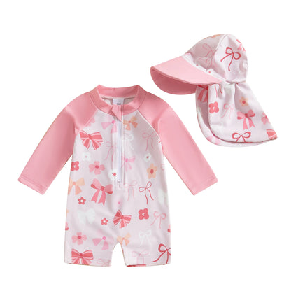 Trajes de baño de verano para niñas y niños pequeños, de manga larga, con estampado floral/tropical, con cremallera y sombrero.