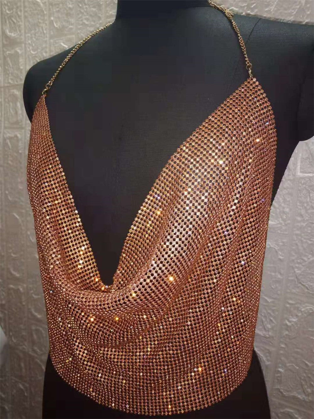 Camisola ClubWear para mujer, ropa de calle Y2k, top corto con lentejuelas metálicas, espalda descubierta, cinturón acolchado, top halter ajustable