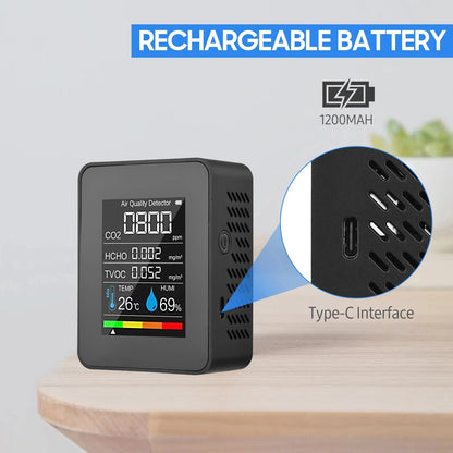 5 in 1 Digital Air Quality Monitor CO2 HCHO TVOC Humidity and Temperature Monitor CO2 Tester LCD Rechargeable