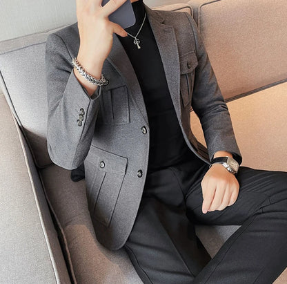 Tweed Men's Suit Jackets Single Breasted Male Blazer Gray Fashion 2024 Luxury Designer Menswear Coat Korean Style Clothes Casual