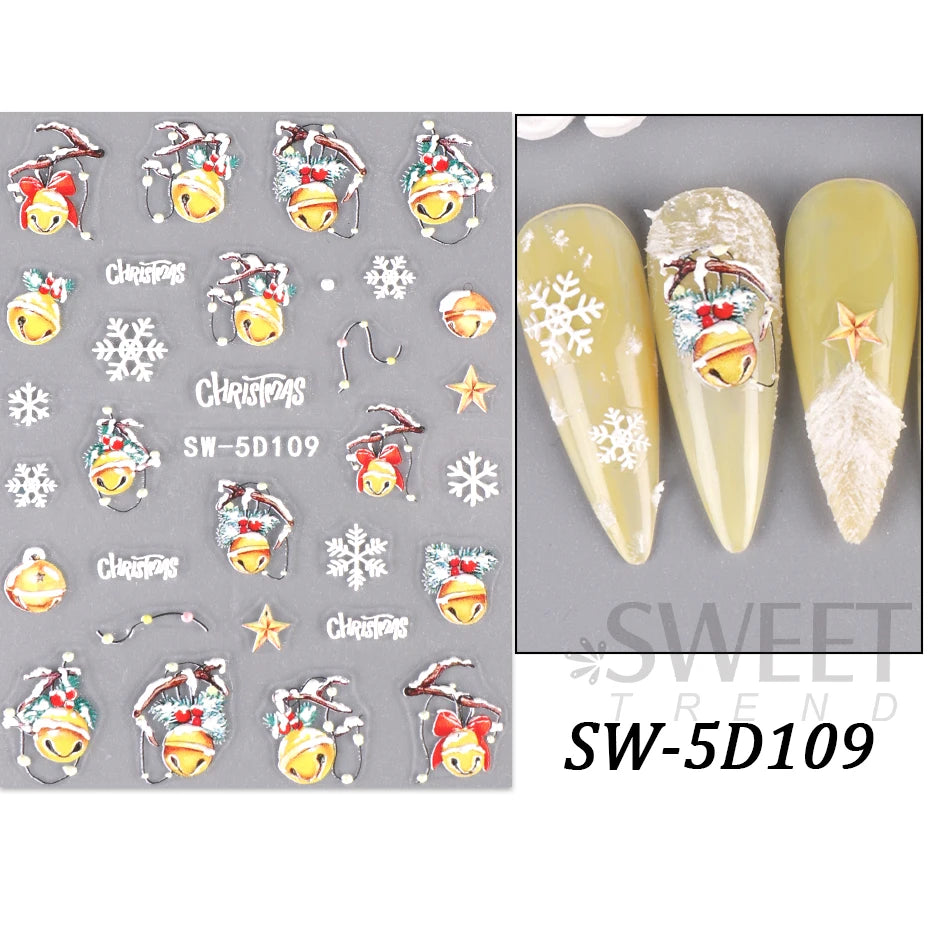 5D Red Christmas Nail Stickers Glitter Embossed Snowflake Gloves Feather Bulb Bells Winter Xmas DIY Engraved Manicure Decoration