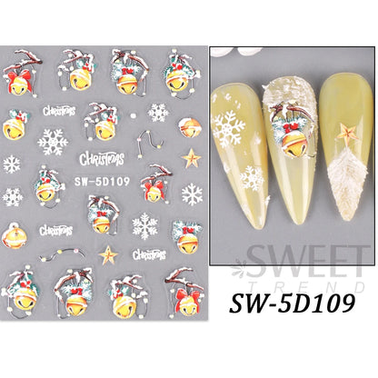 5D Red Christmas Nail Stickers Glitter Embossed Snowflake Gloves Feather Bulb Bells Winter Xmas DIY Engraved Manicure Decoration