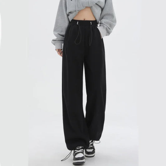 Calça reta de cintura elástica feminina, calça longa de carga, casual, casual, primavera, verão, 2022