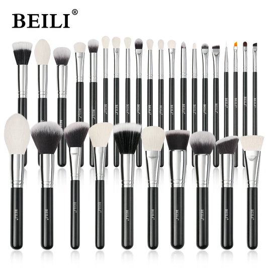 BEILI-Juego de brochas de maquillaje negras, brochas profesionales de pelo de fibra de cabra Natural, base en polvo, contorno, sombra de ojos, brochas de maquillaje