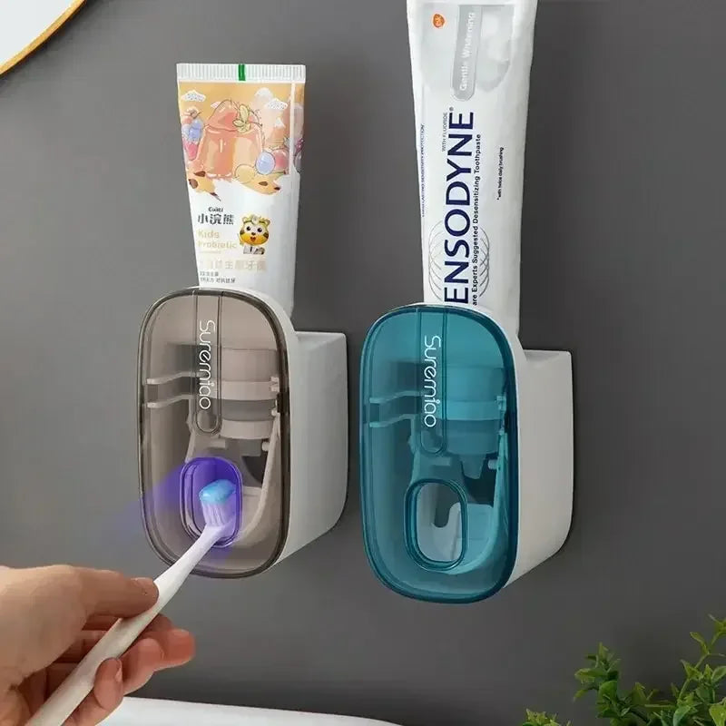 1 dispensador de pasta de dientes, accesorio de baño, exprimidor de pasta de dientes de pared, soporte para cepillo de dientes.