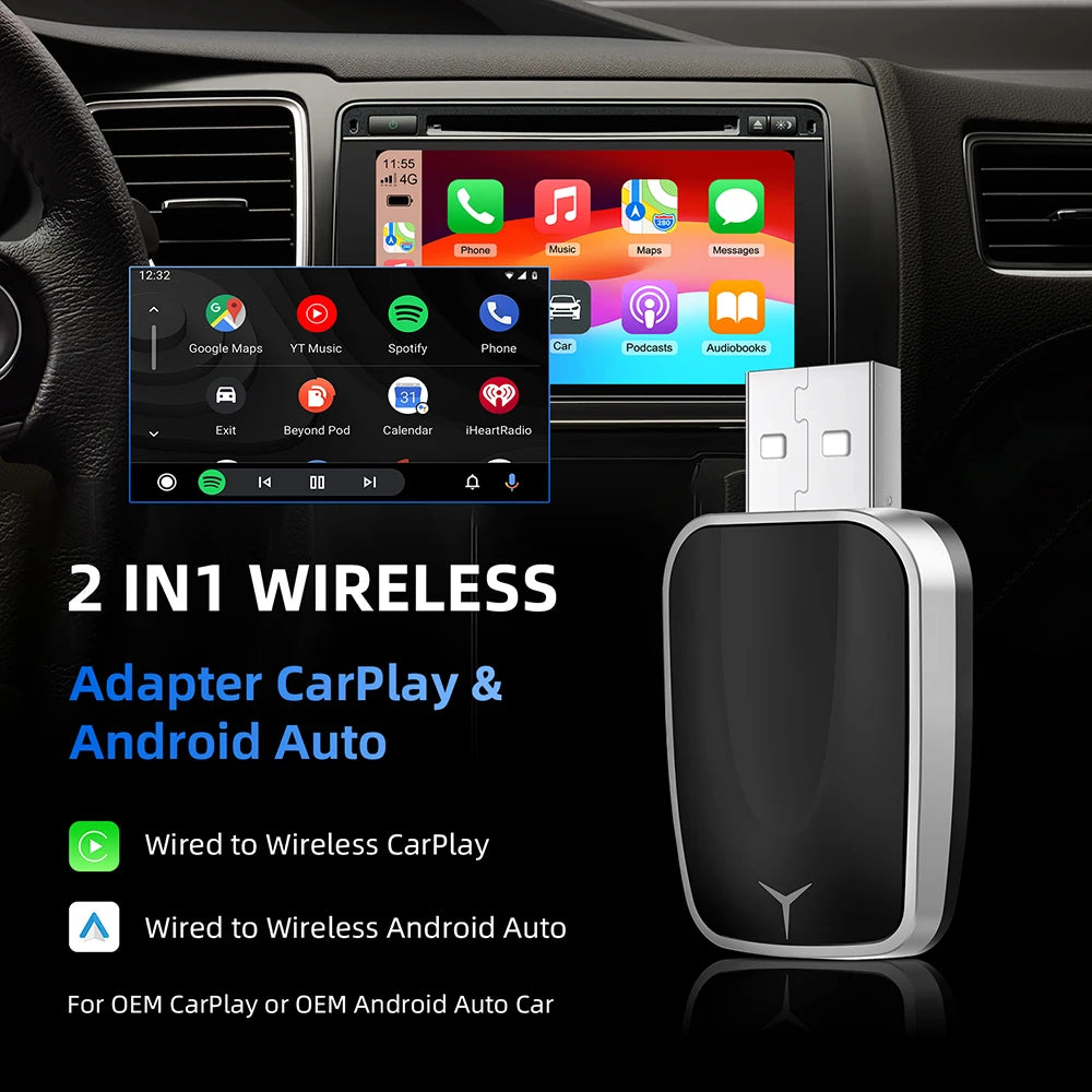Wireless Carplay Adapter Android Auto 2-in-1 Smart Dongle 2025 5G WIFI For iPhone Android Phone For Volvo Benz MG Kia Chery VW