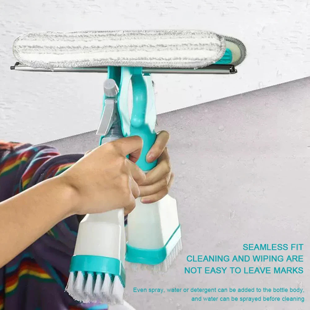 Limpiador de ventanas multifunción, limpiador de jabón, escobilla de goma, cepillo de limpieza de paredes de baño con cabezal de esponja, botella rociadora