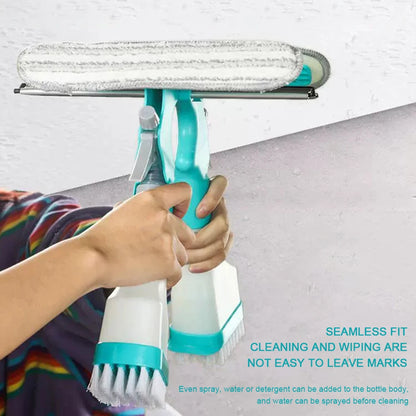 Limpiador de ventanas multifunción, limpiador de jabón, escobilla de goma, cepillo de limpieza de paredes de baño con cabezal de esponja, botella rociadora