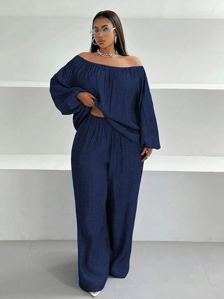 2piece Wide Legs Fake Jeans Suits for Women Plus Size Spring Outfits Off Shoulder Top and Pants Sets Wholesale Dropshipping