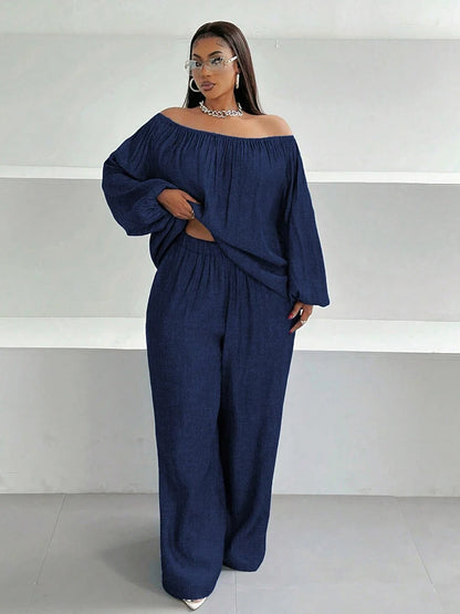 2piece Wide Legs Fake Jeans Suits for Women Plus Size Spring Outfits Off Shoulder Top and Pants Sets Wholesale Dropshipping