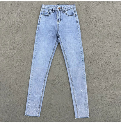 Spring Summer 2024 New Fashion Harem Denim Pants Female Rhinestones Korean Version High Waist Slim Elastic Jeans Pencil Pants