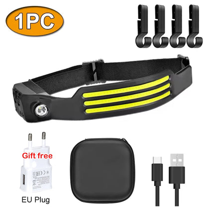 Linterna frontal de inducción LED recargable por USB, batería incorporada, 5 modos de iluminación, para acampar al aire libre y pescar.