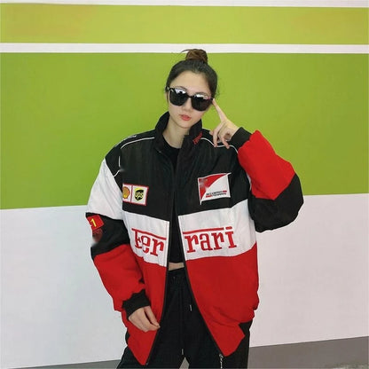 European American 2024 Spring Autumn New Cross Border Amazon F1 Rally Color Blocked Embroidered Long Sleeved Motorcycle Jacket