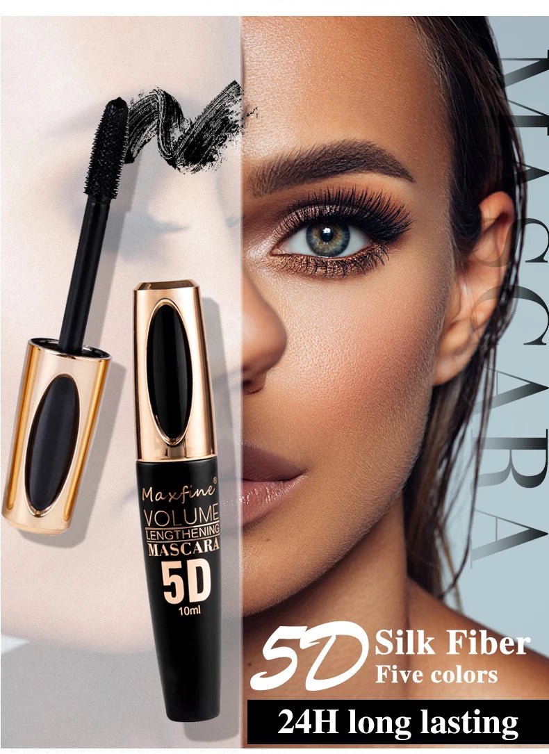 Máscara de pestañas de seda 5D con ojos grandes, contenido y longitud negros fuertes y duraderos, resistente al agua y antiaglomerante, y de duración prolongada.