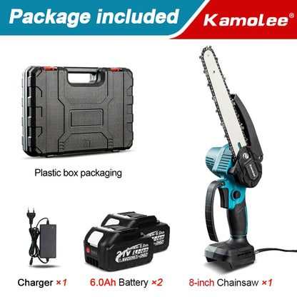 Kamolee serra elétrica sem escova, 8 espaços, mini motosserra, cortador de madeira, ferramenta elétrica de poda de jardim para makita, bateria de 18v