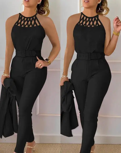 Conjunto diário de calças feminino oco com gola redonda sem mangas regata e bolso casual, roupa fashion, verão, 2 peças, 2024