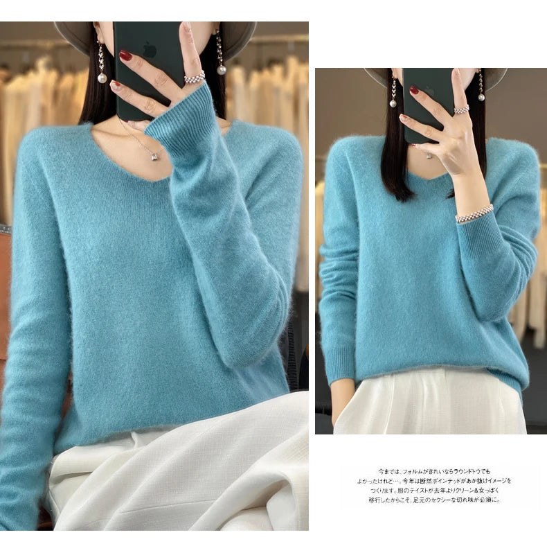 100% pure wool cashmere sweater women's V-neck pullover casual knit top autumn and winter women's coat Korean fashion