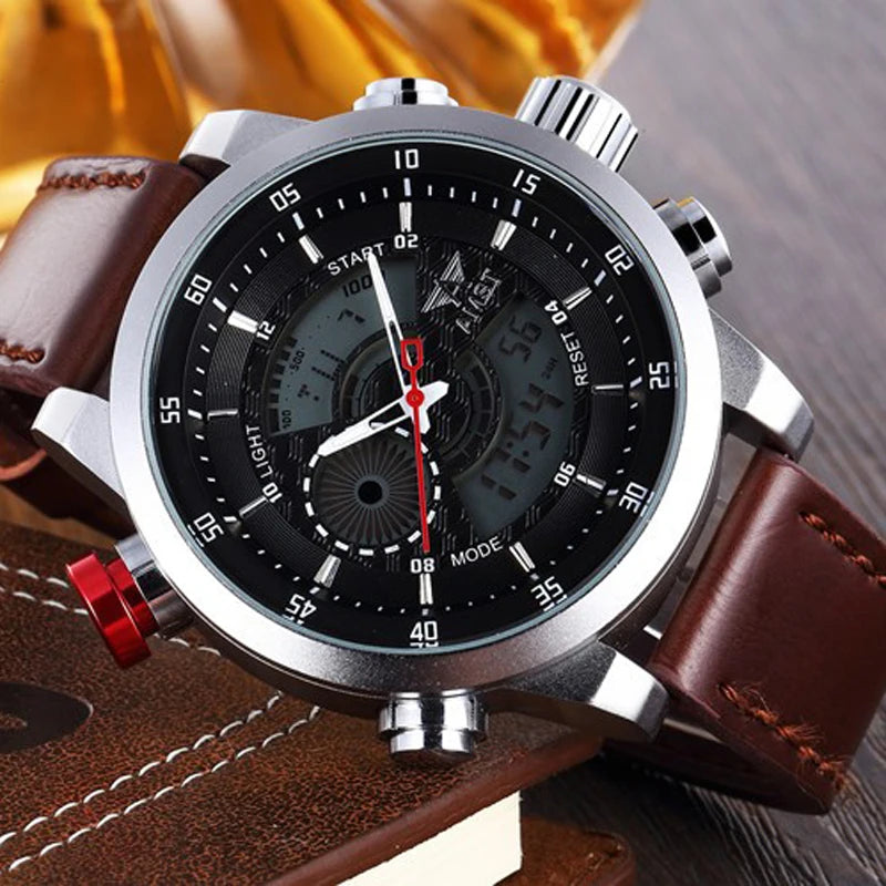 2024 NEW AMST Luxury Brand Men's Quartz LED Watches Men Fashion Casual Sports Clock Genuine Leather Military Wrist Watch