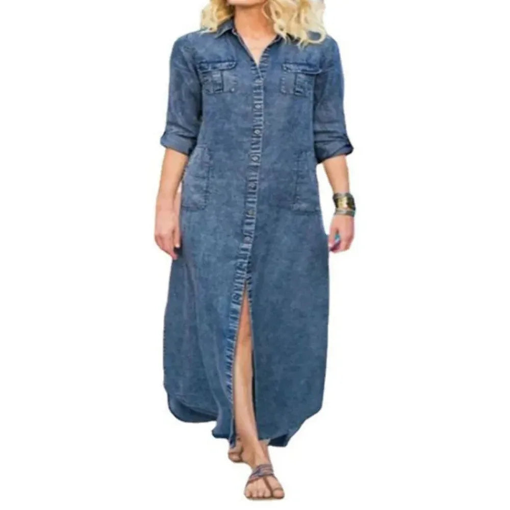 Vestido longo jeans feminino casual, elegante com gola flip, botão de manga comprida, bolso, solto, monocromático, plus size, L-5XL, verão