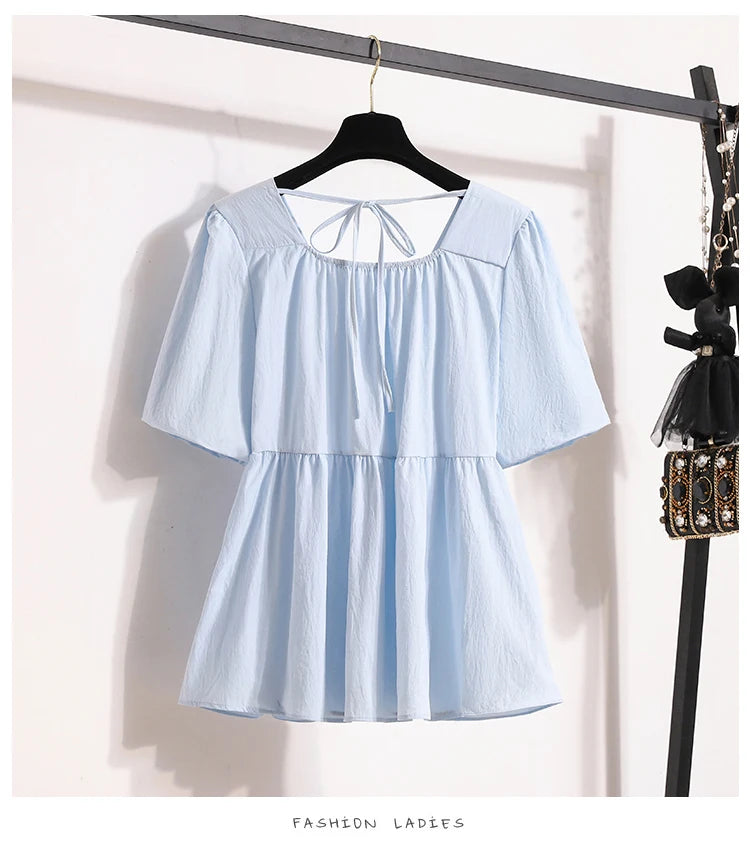 Plus Size Shirts & Blouses Women Summer 2025 New Arrival Korean Fashion Tops Short Puff Sleeve Loose Sweet Blouse Woman L-4XL
