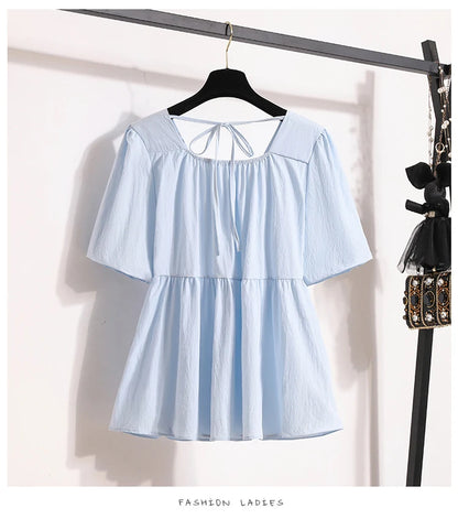 Plus Size Shirts & Blouses Women Summer 2025 New Arrival Korean Fashion Tops Short Puff Sleeve Loose Sweet Blouse Woman L-4XL
