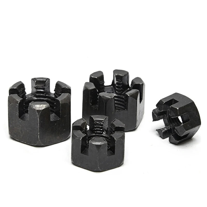 GB58 Fine Thread Carbon Steel Black M8~M42 Slotted Round Lock Hexagon Head Hex Slotted Castle Crown Nut Hexagon Slotted Nuts