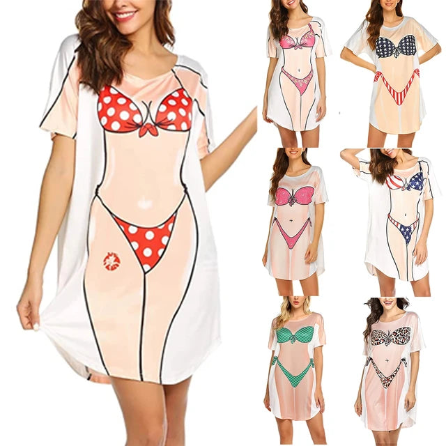 Vestido feminino da moda de verão, estampa biquíni 3D, gola redonda, manga curta, roupa de casa solta, pijama plus size feminino fofo