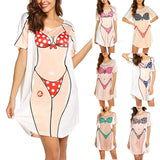 Vestido feminino da moda de verão, estampa biquíni 3D, gola redonda, manga curta, roupa de casa solta, pijama plus size feminino fofo
