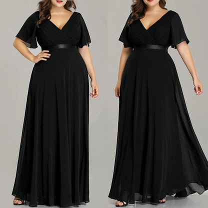 New Women Plus Size Evening Dresses Long Elegant A Line V Neck Ruffles Chiffon Formal Wedding Party Dress Robe De Soiree
