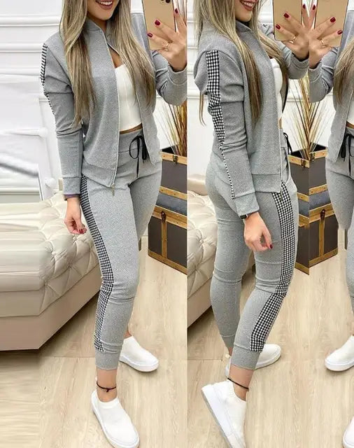 Conjuntos de dos piezas para mujer, conjunto informal de manga larga con lentejuelas en contraste, diseño de cremallera, chaqueta y pantalones ajustados con cordón, conjunto de otoño 