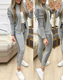 Conjuntos de dos piezas para mujer, conjunto informal de manga larga con lentejuelas en contraste, diseño de cremallera, chaqueta y pantalones ajustados con cordón, conjunto de otoño 
