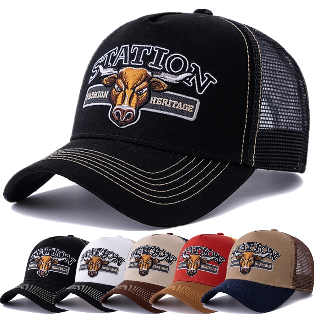 Unisex Summer Breathable Mesh Trucker Hat Bulls Head Pattern Baseball Cap Adjustable Snapback Hats For Men And Women
