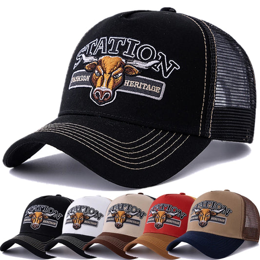 Unisex Summer Breathable Mesh Trucker Hat Bulls Head Pattern Baseball Cap Adjustable Snapback Hats For Men And Women