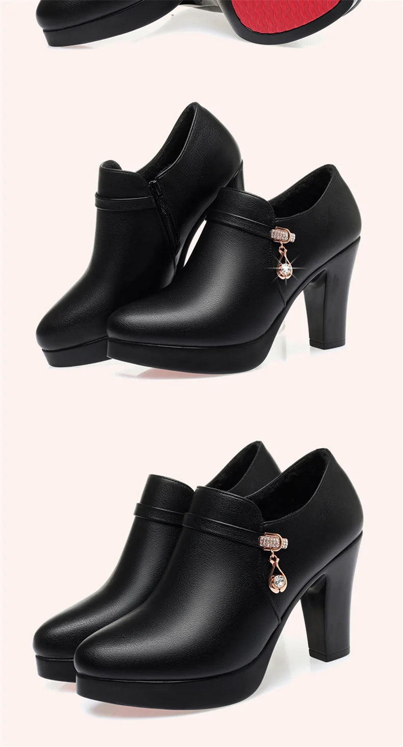 Comfortable Fashion Deep Mouth Soft Leather Women's Platform Shoes 2024 Fall Med Block Heels Single Shoes for Office Mom