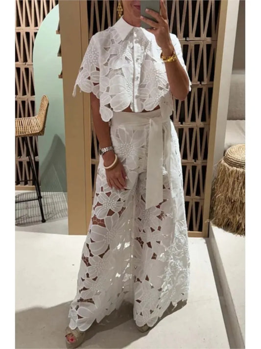 Conjunto de 2 piezas formado por camisa y pantalón ancho, con solapa y botonadura sencilla, para mujer, elegante, informal, a la moda, color liso