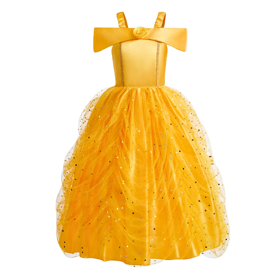Children Princess Costume Kids Halloween Carnival Beauty Beast Birthday Party Clothes Girl Yellow Belle Cosplay Dress Up
