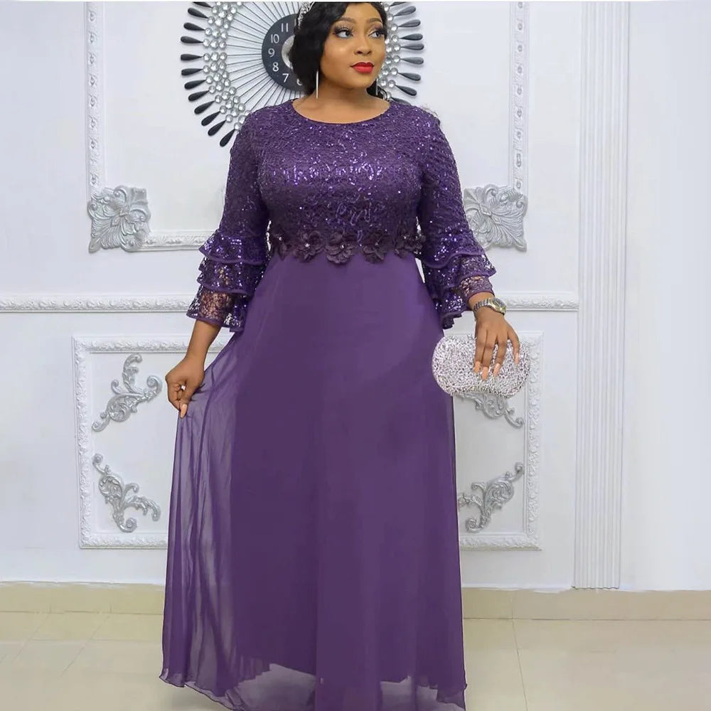 L-3XL African Dresses for Women Spring Autumn African Women Three Quarter Sleeve Polyester Solid Color Long Dress Maxi Dress